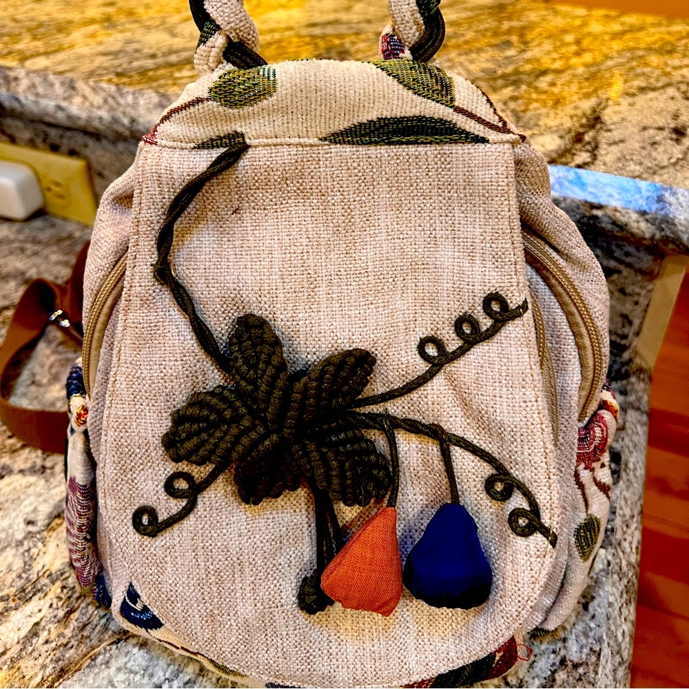 Floral Embroidered Beige Backpack
